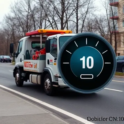 A tow truck parked on a Moscow street, with a visible distance meter indicating one kilometer, realistic style, no text or digits in the image