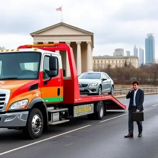 A towing truck with a Belarus flag on its side pulling a car on a road. A client stands beside the vehicle, holding a briefcase and looking concerned. In the background, a courthouse building and a city skyline hint at a legal context, conveying client rights in towing services.