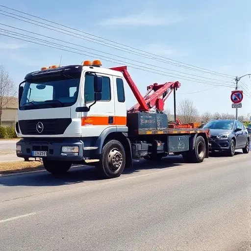 A tow truck parked on a street in Lyaskovo, with a visible winch arm extended, pulling a car, set against a clear sky background, no text or signage in the image