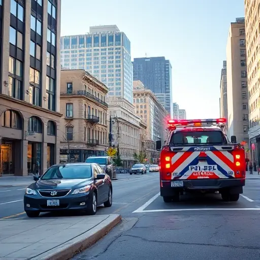 A city street scene showing an illegally parked car on the curb, a municipal tow truck with flashing lights approaching the vehicle, surrounding urban buildings and a clear sky, depicted in a realistic smallHQ style without any text or symbols