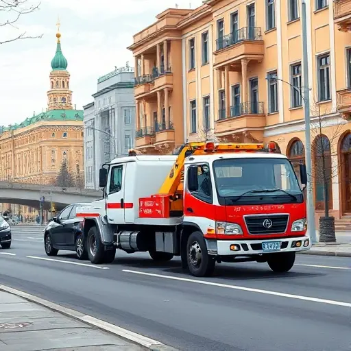 A high-quality small illustration of a tow truck (evakuator) on a city street in Moscow's Don district, with typical Moscow architecture and the Don River visible in the background, showing the tow truck assisting a stranded car, emphasizing reliability and local service