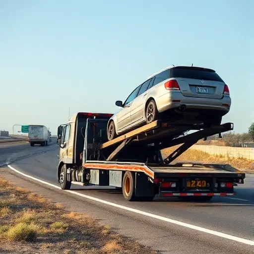 A tow truck parked on a roadside, its hydraulic platform raised to lift a heavy vehicle onto it, illustrating the difficulty of loading and unloading. The scene shows a long, empty highway in the background, with a clear sky. No people, no text, no signage.