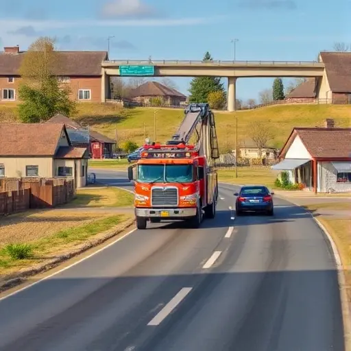 A realistic scene of a tow truck operating on a road in a countryside setting, with a visible overpass (turnaround ramp) in the background. The tow truck should be a modern, sturdy vehicle, possibly with a hook and winch, positioned near a parked car that needs assistance. The surrounding environment reflects a small district with modest buildings, trees, and a clear sky, emphasizing the service of vehicle evacuation and rescue.