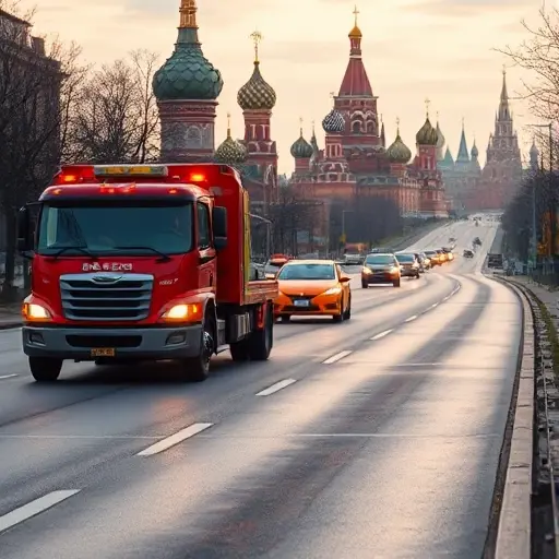 A tow truck pulling a disabled car along a Moscow street, with the Kremlin domes and other recognizable Moscow architecture visible in the background, the road extending into the distance to convey evacuation distance, realistic lighting and details in smallHQ style
