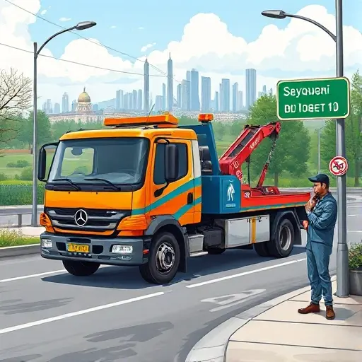 A realistic illustration of a tow truck parked on a street in Yoshkar-Ola, with the city skyline in the background, a nearby road sign indicating distance, and a mechanic holding a clipboard, all in a detailed, high-resolution style, no text or lettering