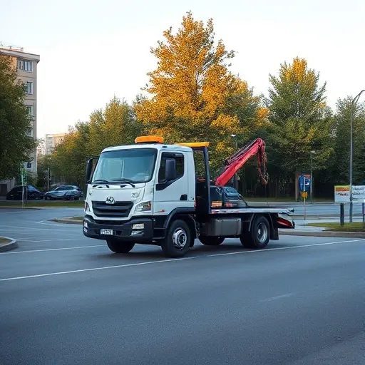 A modern tow truck parked on a quiet street in Troitsk, New Moscow, with residential buildings and trees in the background under a clear sky, realistic lighting, no people, no text or signage
