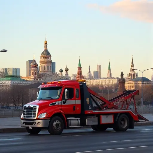 A tow truck parked on a street in the northern part of Moscow, with the city skyline in the background, featuring iconic Moscow architecture, a clear sky, and subtle lighting.