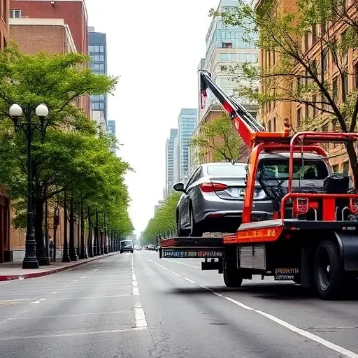 A realistic scene of a tow truck (evacuator) parked on a city street named Alley of Pilots, with the truck's hook attached to a small sedan being lifted onto the truck's platform. The street is lined with trees and street lamps, and the background shows typical urban buildings. The lighting is natural daylight, and the composition focuses on the tow operation without any visible text or signage.