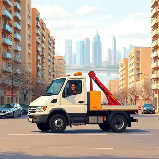 A realistic illustration of a compact tow truck parked on a Moscow street in the North-Eastern Administrative Okrug, surrounded by typical high‑rise apartment buildings and a glimpse of the Moscow skyline, the truck's hook lowered, a friendly driver visible, warm daylight atmosphere, no text or signage