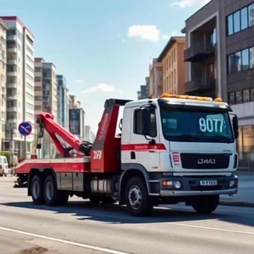 эвакуатор бердск A realistic tow truck parked on a street in Berdsk, with city buildings and a clear sky in the background, no text, letters, or digits visible