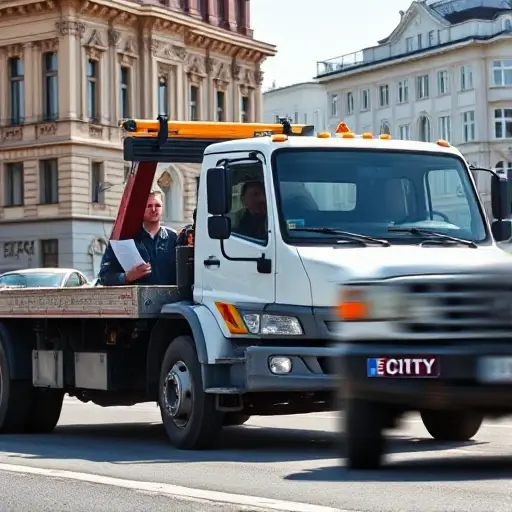 A realistic scene of a tow truck on a Moscow street, with classic Russian architecture in the background, the truck's driver holding a clipboard with visible documents, a city license plate blurred, bright daylight, professional service atmosphere