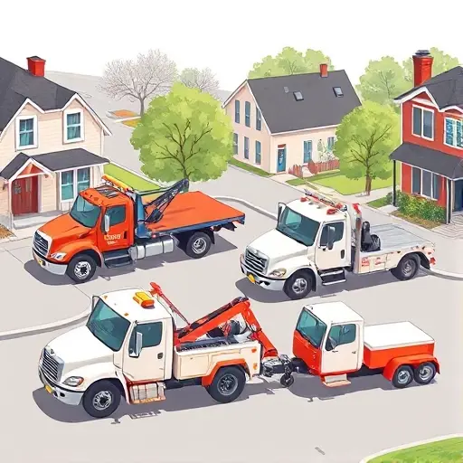 A realistic illustration of several types of tow trucks parked in a small town setting, including a flatbed tow truck, a hook-and-chain tow truck, a wheel-lift tow truck, and a compact tow truck, all in a quiet street with a few residential buildings in the background, no text or lettering