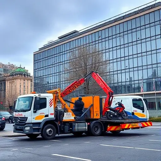 A realistic scene of a Moscow street with two tow trucks specialized for motorcycles and special equipment, one with a crane arm and the other with a motorcycle lift, parked near a modern building and a cityscape background, showing the trucks' details and the urban environment, no text or signage
