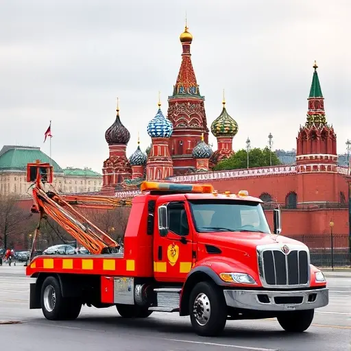 A tow truck parked in front of the Kremlin in Moscow, with the city skyline in the background, illustrating towing services in the capital