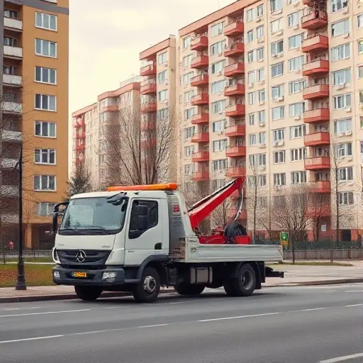 Эвакуатор в районе Бабушкинский: Полное руководство A realistic depiction of a modern tow truck parked on a quiet street in the Babushkinsky district of Moscow, with typical Soviet-era apartment buildings in the background, a subtle hint of a nearby park, daytime lighting, neutral-colored truck, no logos or text visible.