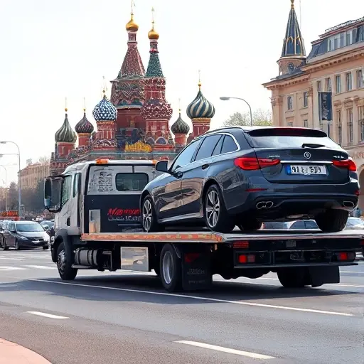A realistic scene of a tow truck in Moscow pulling a car onto a flatbed, with recognizable Moscow architecture such as the Kremlin dome or St. Basil's Cathedral in the background, busy city street, clear sky, focusing on the vehicle type being evacuated, no text or signage