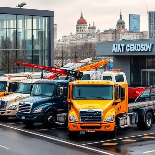 Эвакуаторы Москвы: Продажа, Обзор Рынка и Выбор A realistic scene of Moscow streets featuring several modern tow trucks (evakuatory) parked near a dealership showroom, with the iconic Moscow skyline and recognizable architecture in the background, showcasing a variety of vehicle models and colors, emphasizing the market and selection aspect without any text or signage