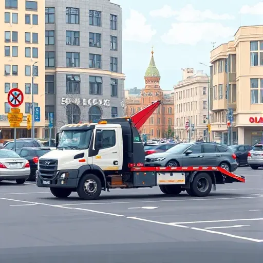 вызвать эвакуатор в москве парковка A tow truck parked in a busy Moscow parking lot, with a car being towed, surrounded by typical Moscow street signs and buildings, all depicted in a realistic style without any text or lettering