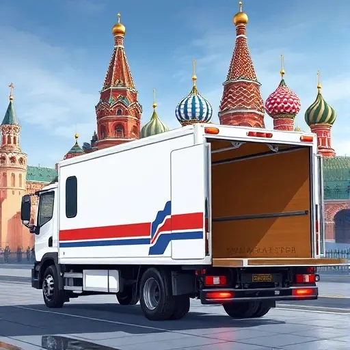 A realistic illustration of a modern Russian evacuation truck equipped with a sliding platform, parked in front of the Kremlin in Moscow, with St. Basil's Cathedral in the background, highlighting the truck's hydraulic lift and cargo area, in a detailed, high-resolution style.