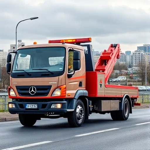 A professional tow truck operating in the Moscow region, with the driver holding official documents and a visible license badge, set against a cityscape of Moscow suburbs, realistic rendering, smallHQ style