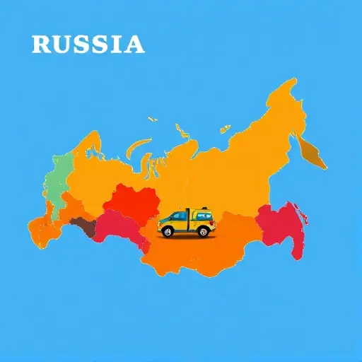 A stylized map of Russia with its regions highlighted in different colors to represent varying tow truck cost levels, each region featuring a tow truck icon placed prominently. No text, numbers, letters, digits, people, or other vehicles should appear.