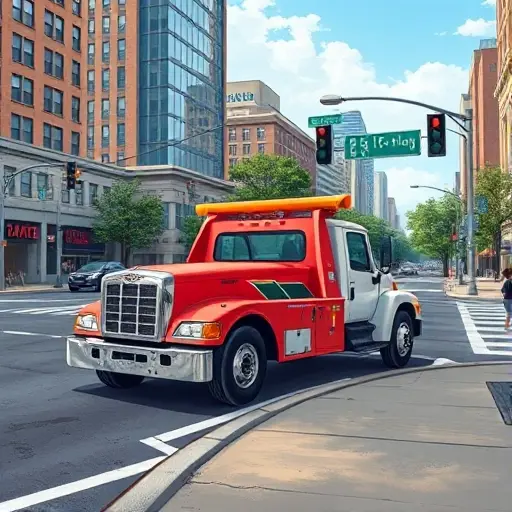 Эвакуатор в 2-м Поперечном проезде: Полное руководство A realistic, high-resolution illustration of a tow truck positioned on the curb of a busy urban intersection, with surrounding cityscape, traffic lights, and nearby buildings, all depicted in a detailed, smallHQ style.