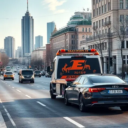 A modern tow truck helping a stranded car on a busy street in the southern part of Moscow, with recognizable Moscow architecture such as high-rise buildings and the Moscow River in the background, under a clear sky and realistic lighting, no text or signage