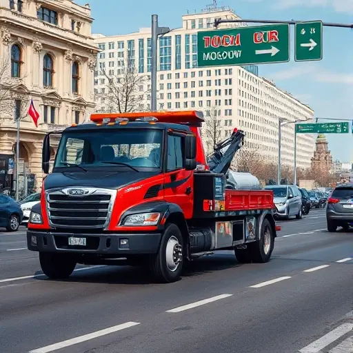 A realistic tow truck operating on a busy street in the southern part of Moscow, with recognizable Moscow architecture and signage in the background, under a clear sky, focusing on the vehicle and the urban environment, no text or logos