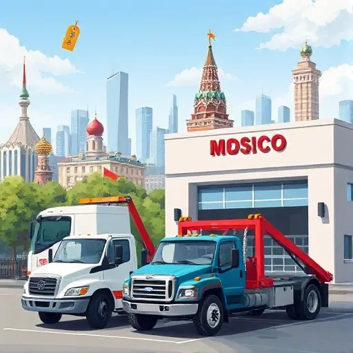 A realistic illustration of a tow truck parked in front of an auto service garage in Moscow, with the city skyline in the background. The tow truck is shown with a price tag icon hanging from its side. In the foreground, three different types of tow trucks (flatbed, hook-and-chain, wheel-lift) are displayed side by side, each in a distinct pose. The scene is vibrant, with clear lighting and a sense of motion, but no text, letters, or digits.