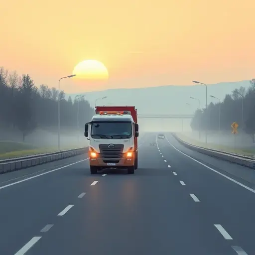 A smallHQ style illustration of a tow truck (evacuator) driving on a highway from Zelenograd toward Moscow, depicted in early morning light with a soft sunrise sky and light mist, the road stretching ahead with subtle road markings, minimal background scenery, focusing on the vehicle and the atmosphere of the time of day and weather conditions.
