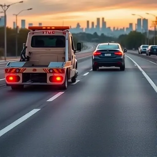 A tow truck pulling a car on a road, showing the tow hook and the towed vehicle, with a clear view of the road and a city background, no text or signage, no people, no other cars
