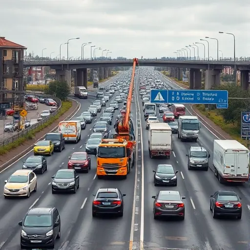 A realistic scene of a tow truck (evakuator) operating on a busy road in the Anninsky district, with a large turnaround overpass in the background. The road is filled with intense traffic: cars, trucks, and delivery vans moving in both directions, showing the complexity of logistics. The tow truck is positioned near the overpass, with its hook lowered, ready to assist a broken vehicle. The sky is overcast, and the surrounding area includes typical Russian suburban buildings and signage, but no visible text or numbers. The composition captures the dynamic flow of traffic and the crucial role of the tow service in managing the congestion.