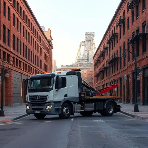 Эвакуатор на 11-й улице Текстильщиков: Полное руководство A modern tow truck parked on a quiet urban street lined with brick buildings and street lamps, with a subtle hint of a textile factory in the background under a clear sky