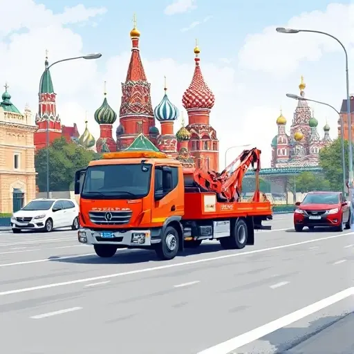 Эвакуатор в Москве: Полное руководство по стоимости и расценкам A realistic illustration of a tow truck (evakuator) driving through a recognizable Moscow street scene, with iconic landmarks such as the Kremlin domes or St. Basil's Cathedral visible in the background. The scene shows the tow truck on a busy road, with city traffic and typical Russian architecture, emphasizing the urban environment and the concept of vehicle recovery services. No text, logos, or signage should be present.