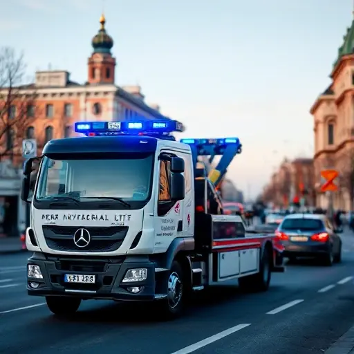 Эвакуатор в Москве: Быстрая помощь на дороге A modern tow truck with flashing blue lights parked on a busy Moscow street, surrounded by typical Russian city buildings, traffic signs blurred in the background, and a clear sky; the scene conveys fast roadside assistance without any visible text or symbols