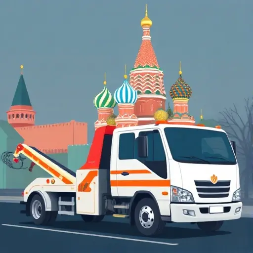 A stylized illustration of a modern tow truck parked in front of a recognizable Moscow landmark, such as the Kremlin or St. Basil's Cathedral, with a subtle, color‑coded map overlay in the background highlighting the districts with the highest demand for tow services. The scene should convey urban activity and the importance of towing services in Moscow, without any textual labels or numbers.