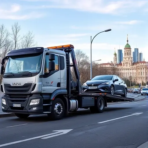 A modern tow truck parked on a Moscow street in the Krasnoselsky district, with a car being towed by a hydraulic winch. The scene shows the tow truck's sleek, professional design and a clear view of the city skyline in the background, emphasizing safety and reliability.