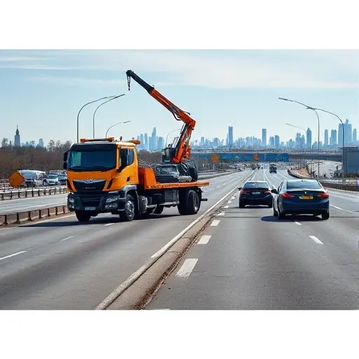 A tow truck with a crane and a flatbed parked on a busy highway near Moscow, assisting a broken-down car on the side of the road. The scene includes a clear sky, road barriers, and distant city skyline, with realistic lighting and shadows. No text, letters, or digits appear in the image.