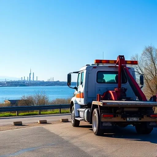 A tow truck parked on a quiet road in the Nizhny Novgorod region, with the Volga River in the background and the city skyline of Nizhny Novgorod visible in the distance, under a clear blue sky.