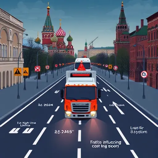 A realistic illustration of a tow truck driving through a Moscow street with recognizable city landmarks such as the Kremlin dome and red brick buildings, showing a road with distance markers and visual cues for factors influencing cost like traffic congestion, night time lighting, and a large vehicle being towed, all without any text or symbols.