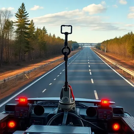 A realistic tow truck (evacuator) driving along Andronovsky Highway, with the highway stretching into the distance, surrounding trees and a clear sky, showing the vehicle's hook and lights, captured in a detailed smallHQ style