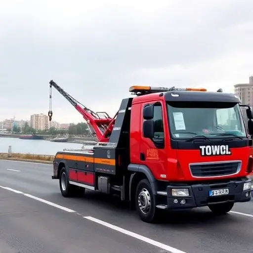 A modern towing truck parked on a road in Tobolsk, with the Tobol River and city buildings in the background, a tow hook extended, no text or numbers