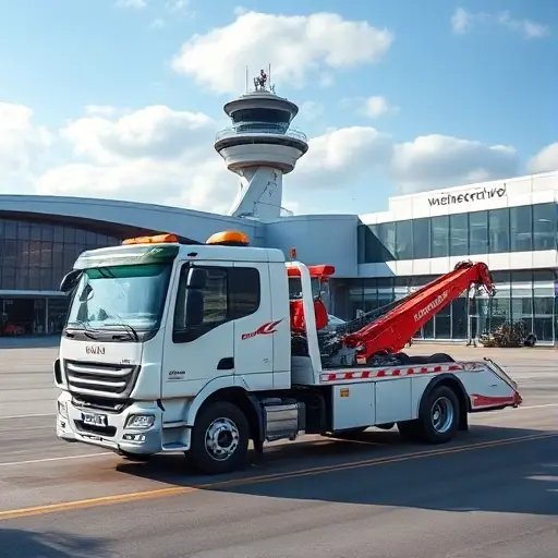 A modern tow truck parked beside a terminal at Moscow's Sheremetyevo Airport, with a small airplane in the background, illustrating the relevance of towing services in the airport.