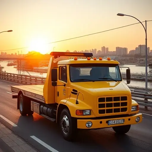 A bright yellow tow truck with a flatbed parked on a city street in Volgograd, with the Volga River and city skyline in the background, during golden hour light, showing a weekday atmosphere with subtle traffic and no weekend vibe.