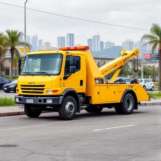 эвакуатор тагил A bright yellow tow truck parked on a street in Tagil, with the Tagil city skyline in the background, no people, no other vehicles, no text or logos