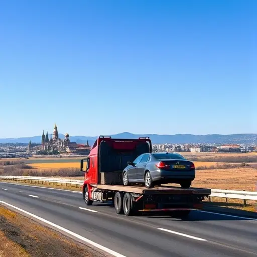 A sturdy tow truck driving on a highway that stretches from Moscow to Belgorod, carrying a disabled car on its trailer. In the background, the Moscow skyline fades into the distant silhouette of Belgorod's historic buildings, with a mix of open fields and gentle hills under a clear blue sky. The scene is realistic, detailed, and conveys reliable vehicle transport across Russia.