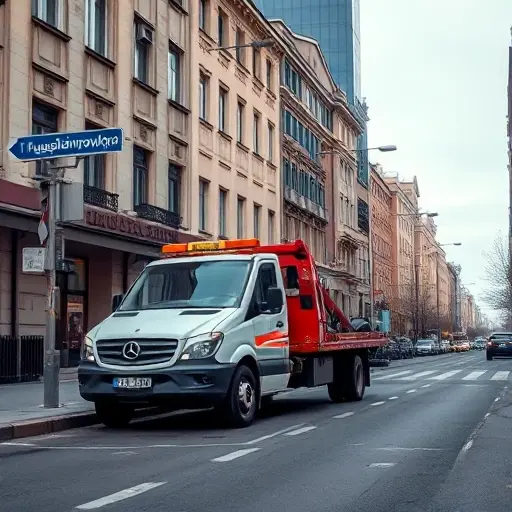 Эвакуатор на 1-й Пугачёвской улице: Полное руководство A realistic city street scene showing a tow truck (evacuator) parked on the curb of 1st Pugachevskaya Street, with the street lined with typical urban buildings, street lamps, and a visible street name sign without any readable text, focusing on the vehicle and the urban environment