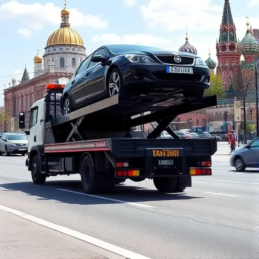 A realistic scene of a tow truck in Moscow, with the vehicle positioned on a city street, a car being lifted onto the truck's platform, and recognizable Moscow landmarks such as the Kremlin dome and St. Basil's Cathedral visible in the background. The atmosphere is urban and daytime, with clear sky and typical city traffic elements, but without any text, logos, or signage.