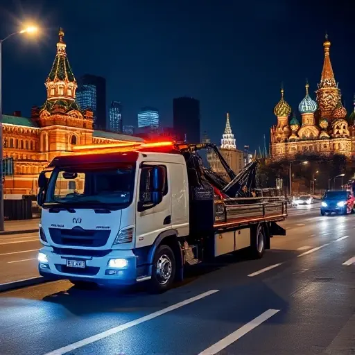 A modern tow truck parked on a Moscow street at night, with the city's recognizable skyline and illuminated buildings in the background. The scene conveys reliability and affordability, showing the tow truck's lights on, ready for 24/7 service, without any text, logos, or people.