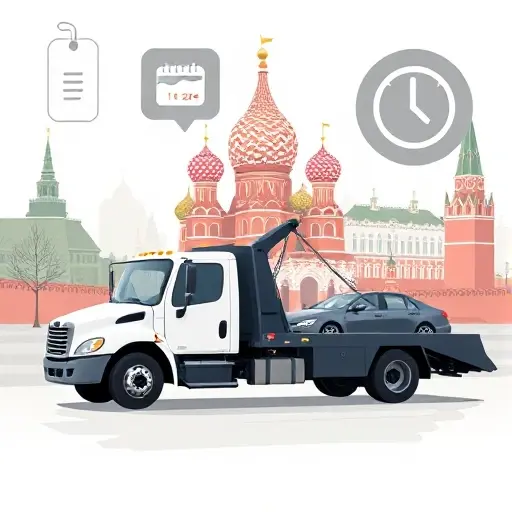 Эвакуатор в Москве: Цены и Факторы, Влияющие на Стоимость в 2024 году A realistic illustration of a tow truck parked in front of a recognizable Moscow landmark, such as the Kremlin or Red Square, with subtle visual cues indicating cost factors: a floating price tag icon, a small calendar marked 2024, a clock showing time, and a small map overlay showing distance. The tow truck should be in motion, towing a car, with a clear, clean background of the city skyline. No text, letters, or numbers should appear in the image.